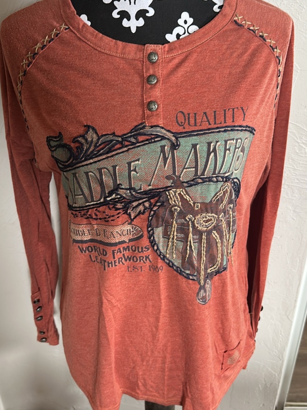 Double D Ranch Rust Orange Graphic Henley Top